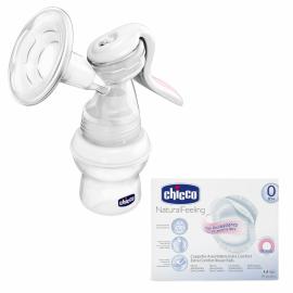 Chicco Naturalfeeling &amp; Extra comfort, Manuálna odsávačka mlieka a prsné vložky 60ks