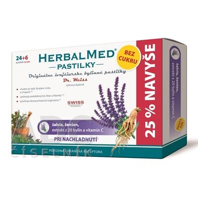 HerbalMed pastilky BEZ CUKRU – šalvia, ženšen,extrakt z 20 bylín a vit.C 24+6 past.